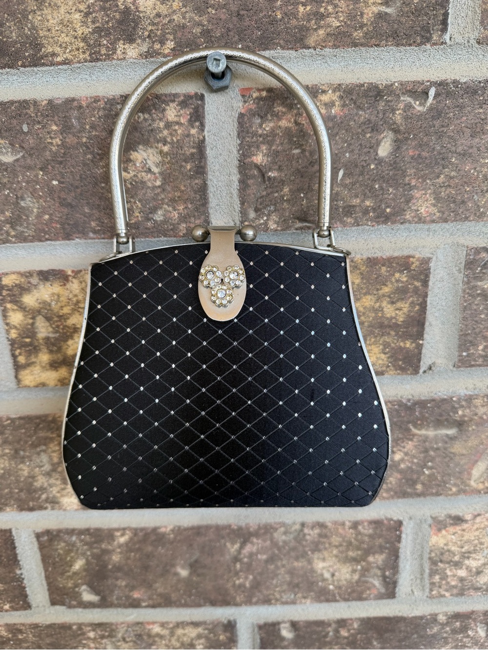 Classic Black Quilted Evening Handbag with Crystal Accent